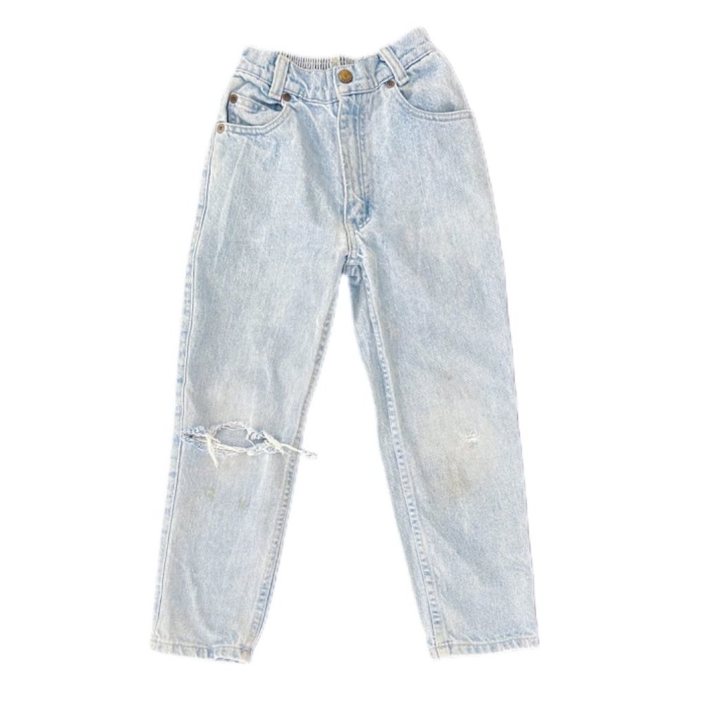 Vintage Kids Badge Distressed Straight Leg Jeans | Size 7 Slim